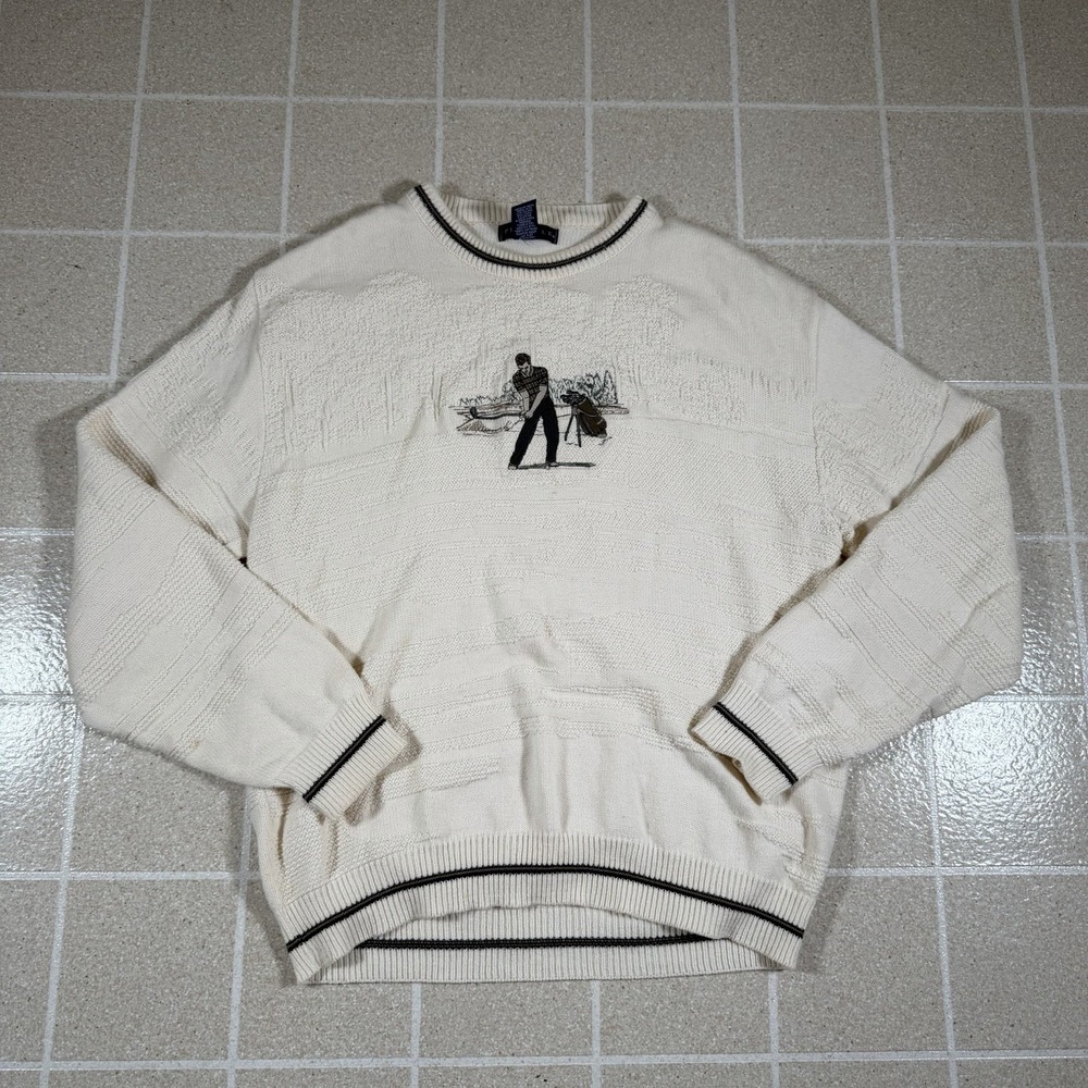 Vtg Pinnacle Sz L Golf Embroidered Sweater USA Made Cable Knit Grandpa Chunky